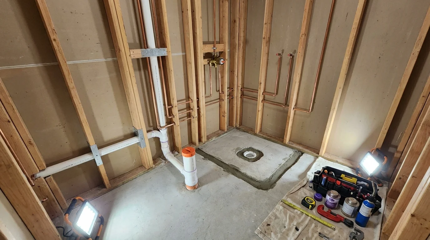 Bathroom rough-in plumbing during remodel by Johns Plumbing LLC in Budd Lake