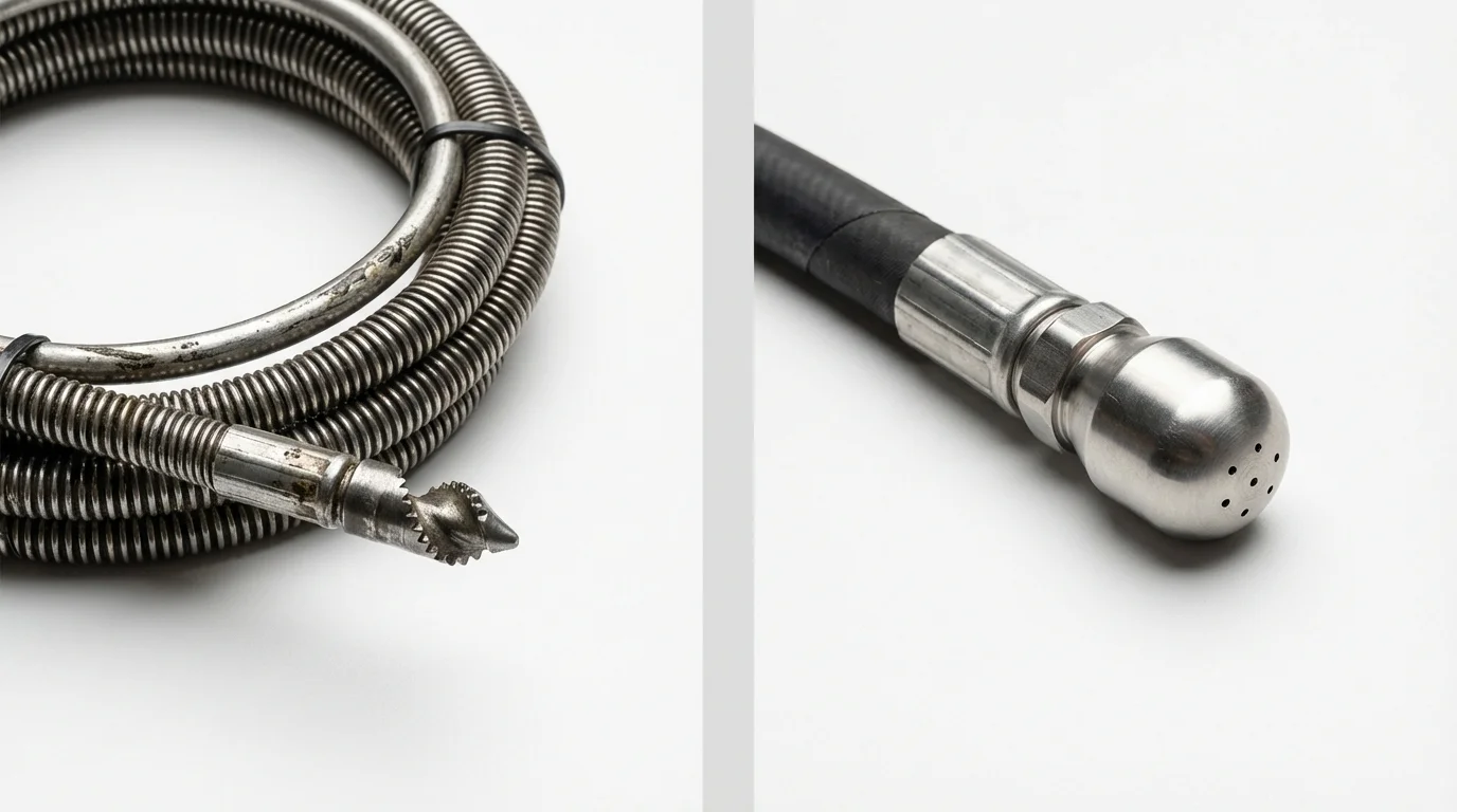 Drain snake cable and hydro jetting nozzle used for drain cleaning in Budd Lake, NJ