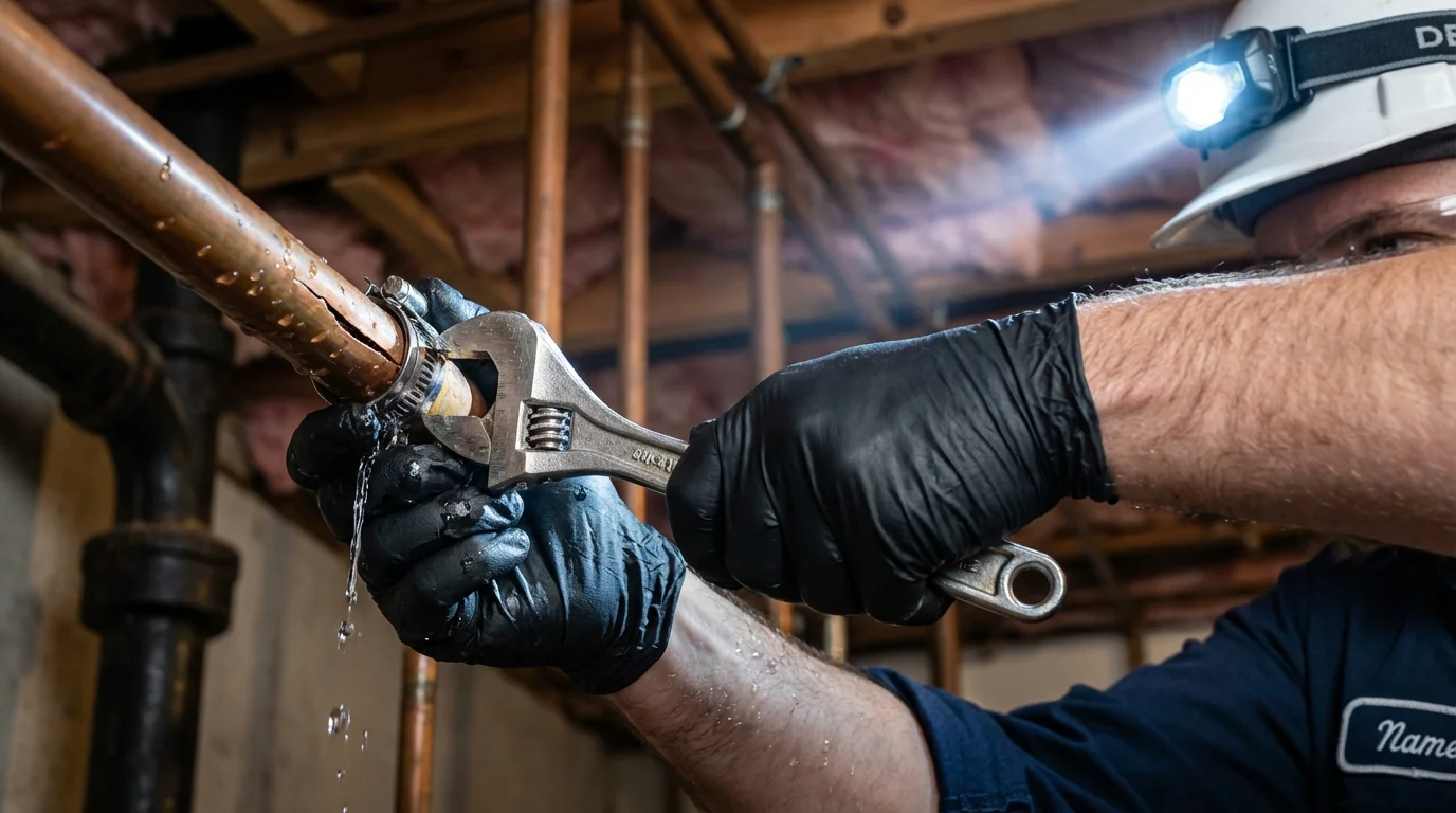 Emergency pipe clamp repair being performed by a Johns Plumbing LLC plumber in Budd Lake