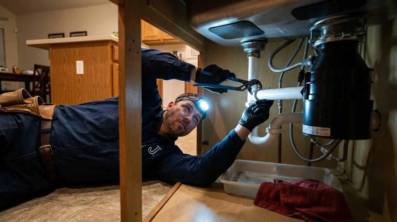 P-trap and supply line connections under a kitchen sink showing a common leak point in Budd Lake, NJ